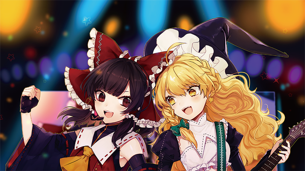 Anime picture 1000x563 with touhou hakurei reimu kirisame marisa renkarua long hair open mouth black hair blonde hair red eyes wide image multiple girls yellow eyes ahoge braid (braids) :d side braid eye contact playing instrument band girl