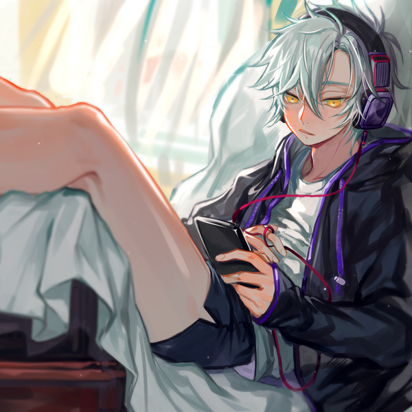 Anime picture 1500x1500 with original saharan single fringe short hair hair between eyes yellow eyes looking away silver hair open jacket reclining boy jacket shorts headphones curtains mobile phone smartphone wire (wires)