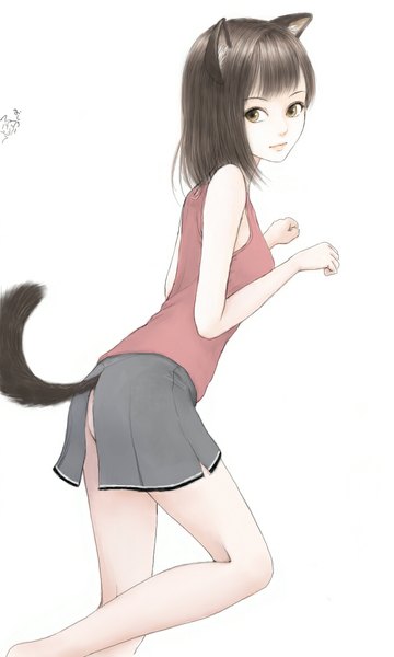 Anime picture 703x1170 with original erurodo (artist) single tall image looking at viewer fringe short hair light erotic simple background brown hair white background brown eyes animal ears ass tail animal tail cat ears cat tail sleeveless girl