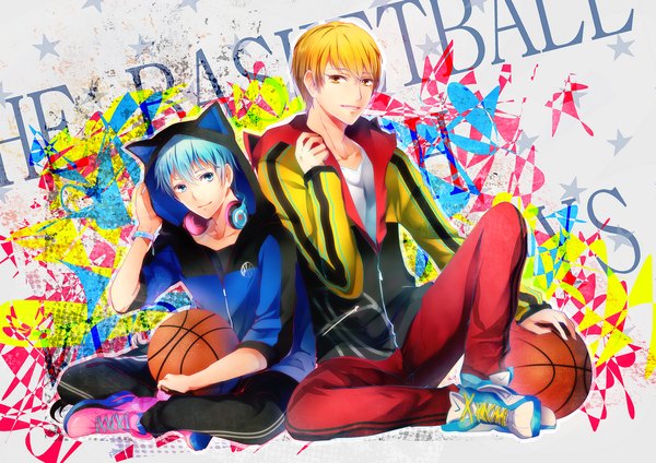 Anime picture 1200x849 with kuroko no basket production i.g kuroko tetsuya kise ryouta lulu season short hair blue eyes blonde hair smile blue hair inscription multiple boys orange eyes basketball boy uniform headphones 2 boys gym uniform ball