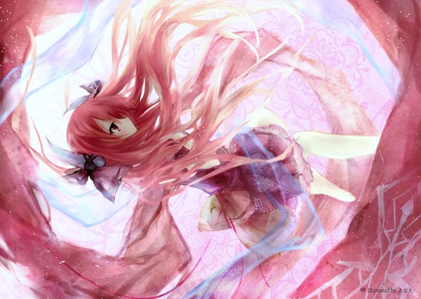 Anime picture 4060x2894 with date a live itsuka kotori sanae (jomill04) single long hair fringe highres red eyes absurdres red hair bare legs looking up falling girl dress bow ribbon (ribbons) hair bow red dress