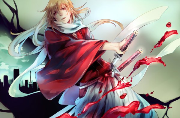 Anime picture 1200x791 with gintama sunrise (studio) okita sougo saito yukihiro single long hair open mouth simple background blonde hair red eyes traditional clothes japanese clothes fighting stance boy weapon sword scarf katana blood