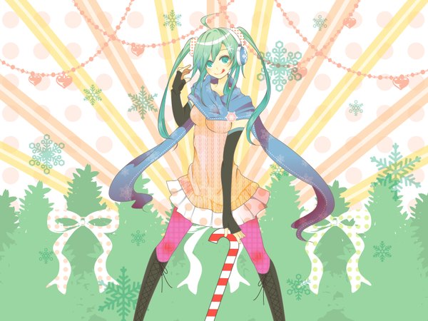 Anime picture 1600x1200 with vocaloid hatsune miku arishiki single long hair looking at viewer standing twintails ahoge aqua eyes aqua hair :p girl dress gloves elbow gloves headphones scarf