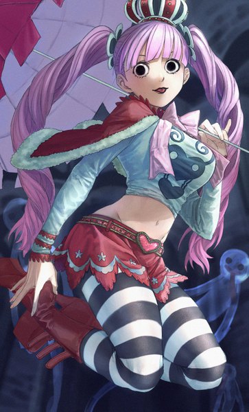 Anime picture 1885x3113 with one piece toei animation perona 4myaku1 single long hair tall image looking at viewer fringe highres twintails pink hair blunt bangs black eyes midriff groin drill hair ghost girl navel