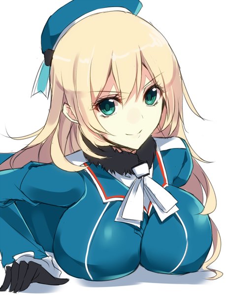 Anime-Bild 766x1000 mit kantai collection atago heavy cruiser aosaki yukina single long hair tall image looking at viewer blush breasts blue eyes light erotic simple background blonde hair smile large breasts white background on stomach girl gloves uniform