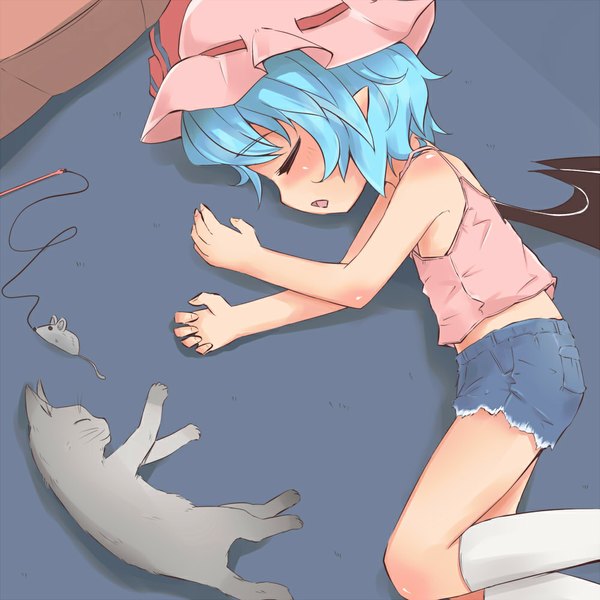 Anime picture 1000x1000 with touhou remilia scarlet madhand single blush fringe short hair open mouth lying eyes closed aqua hair alternate costume on side sleeping bat wings body blush vampire alternate age girl hat