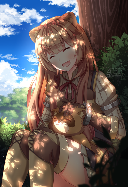 Anime picture 744x1084 with tate no yuusha no nariagari kinema citrus raphtalia ardenlolo single long hair tall image blush fringe smile brown hair sitting holding signed animal ears sky cloud (clouds) bent knee (knees) outdoors blunt bangs