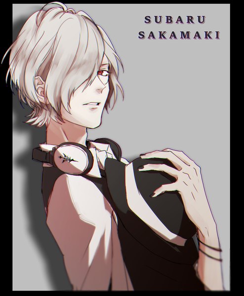 Anime picture 838x1017 with diabolik lovers idea factory sakamaki subaru kuwa ayase single tall image looking at viewer fringe short hair simple background red eyes silver hair upper body nail polish hair over one eye grey background shadow character names framed black nail polish