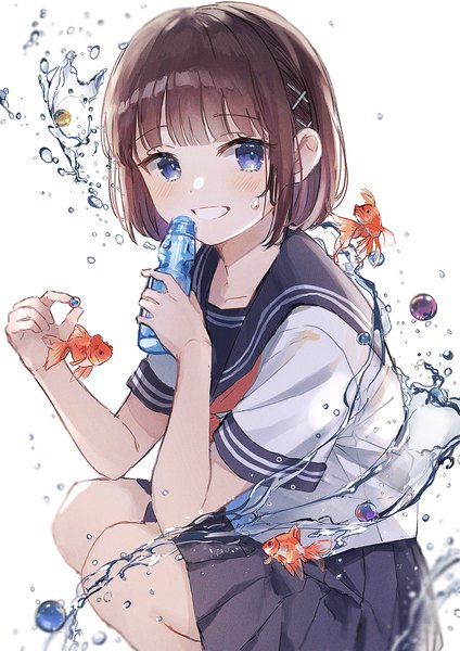 Anime picture 2896x4096 with original oyuyu single tall image looking at viewer blush fringe highres short hair blue eyes smile brown hair white background blunt bangs grin squat girl uniform hair ornament animal