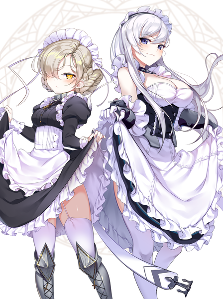 Anime picture 1495x2000 with azur lane belfast (azur lane) sheffield (azur lane) ikomochi long hair tall image blush fringe short hair breasts light erotic white background purple eyes multiple girls yellow eyes cleavage silver hair grey hair hair over one eye maid