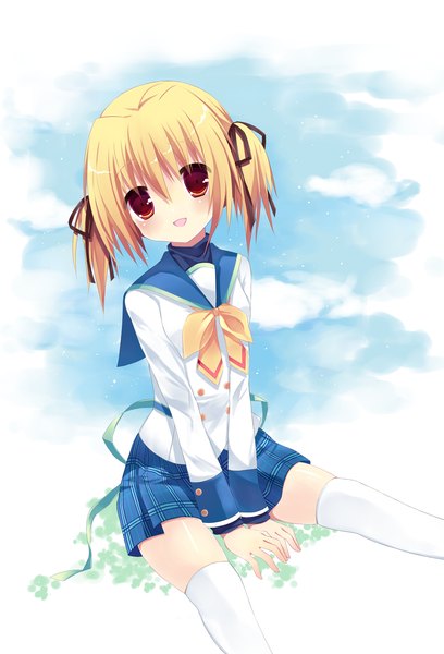 Anime picture 1360x2000 with clover point takanashi yaya kamichi miyaki single tall image looking at viewer blush short hair open mouth blonde hair red eyes twintails short twintails girl thighhighs skirt uniform school uniform white thighhighs