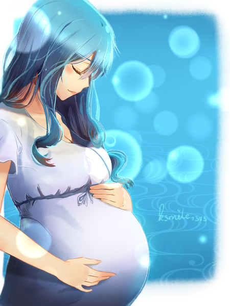 Anime picture 1668x2224 with fairy tail juvia lockser ksmile1313 single long hair tall image blush fringe breasts simple background hair between eyes large breasts standing signed payot blue hair eyes closed profile light smile short sleeves
