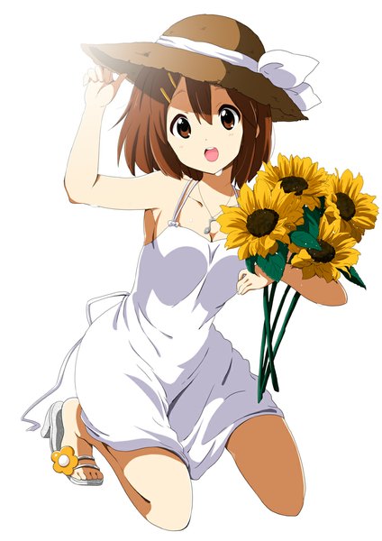 Anime picture 800x1131 with k-on! kyoto animation hirasawa yui ragho no erika single tall image looking at viewer short hair open mouth simple background brown hair white background brown eyes girl dress flower (flowers) hat sundress sandals