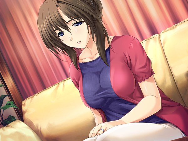 Anime picture 1024x768 with choukou sennin haruka single short hair blue eyes brown hair sitting game cg girl couch