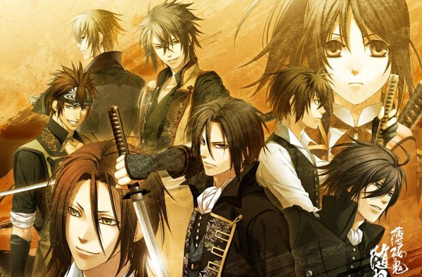 Anime picture 1280x842 with hakuouki shinsengumi kitan studio deen tagme (character) saito hajime okita souji (hakuouki) chizuru yukimura hijikata toshizou (hakuouki) chikage kazama sanosuke harada toudou heisuke black hair brown hair brown eyes group brown background military jpeg artifacts boy uniform weapon