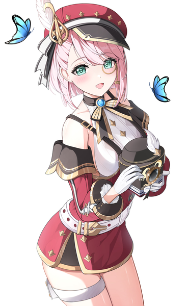Anime picture 830x1348 with genshin impact charlotte (genshin impact) yeni1871 single tall image looking at viewer blush fringe short hair open mouth simple background white background pink hair :d aqua eyes girl gloves hat white gloves insect