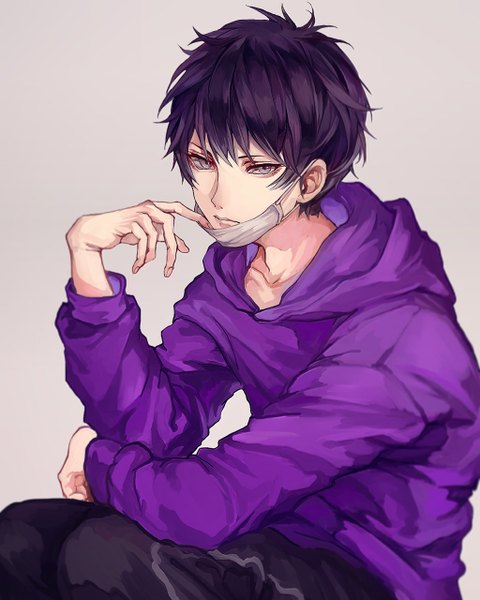 Anime picture 1024x1280 with osomatsu-san matsuno ichimatsu aokamei single tall image looking at viewer fringe short hair simple background sitting purple hair from above grey background grey eyes messy hair mask pull boy hood hoodie surgical mask