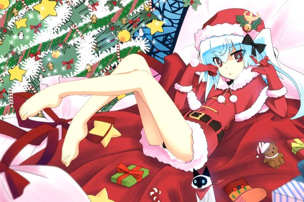 Anime picture 1800x1200 with bilibili douga bili girl 33 auer single long hair fringe highres hair between eyes red eyes twintails blue hair bent knee (knees) barefoot legs fur trim christmas merry christmas girl gloves bow