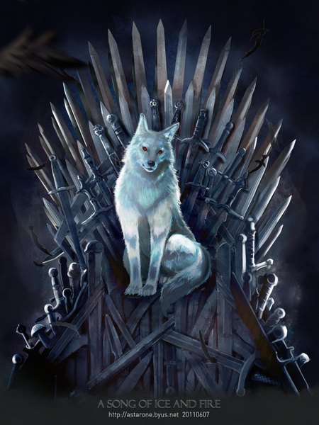 Anime-Bild 1200x1600 mit a song of ice and fire ghost (a song of ice and fire) astarone single tall image red eyes realistic copyright name no people albino weapon animal sword feather (feathers) throne wolf