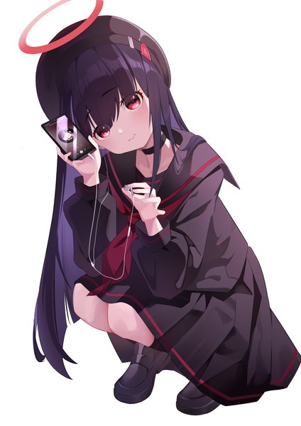 Anime picture 2894x4093 with blue archive justice committee club member (blue archive) dowal single long hair tall image looking at viewer fringe highres black hair simple background hair between eyes red eyes white background full body squat girl uniform serafuku headphones