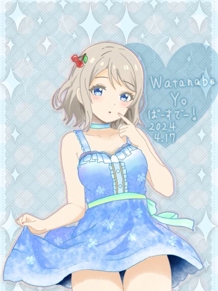 Anime-Bild 1800x2400 mit love live! sunshine!! sunrise (studio) love live! watanabe you zurazu love single tall image looking at viewer blush highres short hair breasts open mouth blue eyes light erotic standing bare shoulders grey hair sparkle sleeveless