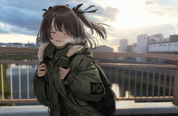 Anime-Bild 5500x3607 mit original nadegata single fringe highres short hair open mouth smile brown hair absurdres sky cloud (clouds) upper body outdoors eyes closed long sleeves :d wind two side up fur trim