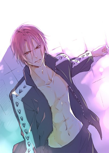 Anime-Bild 571x800 mit free! kyoto animation matsuoka rin muku (pixiv3207772) single tall image looking at viewer short hair standing pink hair pink eyes open clothes open jacket bare belly angry boy navel jacket fist tiles