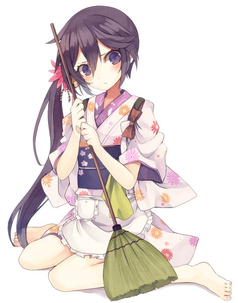 Anime picture 800x1018 with kantai collection akebono destroyer shugao single long hair tall image blush simple background hair between eyes white background sitting purple eyes looking away traditional clothes japanese clothes barefoot official alternate costume floral print side ponytail wariza