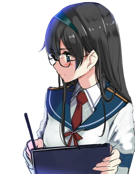 Anime picture 799x1024 with kantai collection ooyodo light cruiser akasaai single long hair tall image blush blue eyes black hair simple background white background profile girl glasses hairband