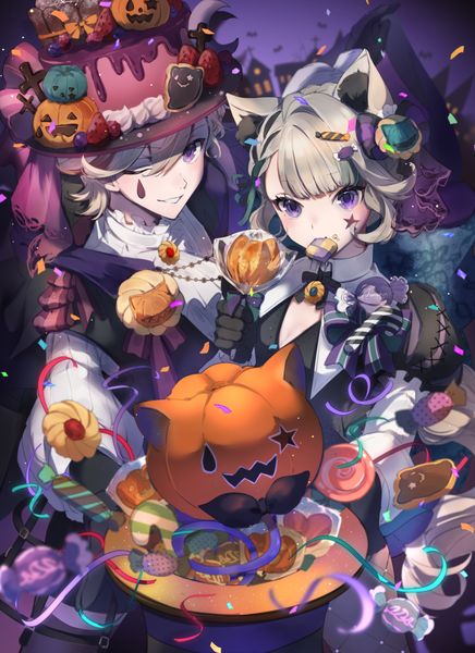 Anime picture 1118x1540 with genshin impact lynette (genshin impact) lyney (genshin impact) naruka (ynarukay) long hair tall image short hair smile purple eyes animal ears one eye closed wink cat ears facial mark low ponytail halloween siblings twins hat removed headwear removed