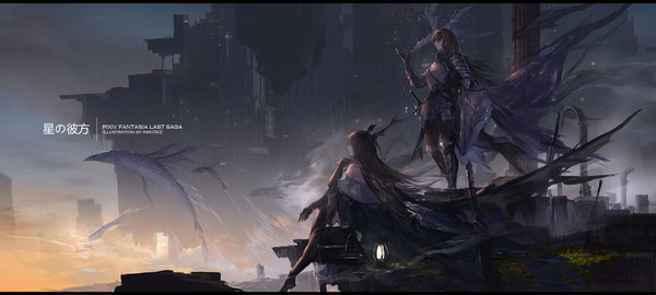 Anime picture 2362x1063 with original pixiv fantasia pixiv fantasia last saga swd3e2 long hair highres brown hair wide image standing sitting multiple girls brown eyes signed looking away full body profile arm up wind copyright name city