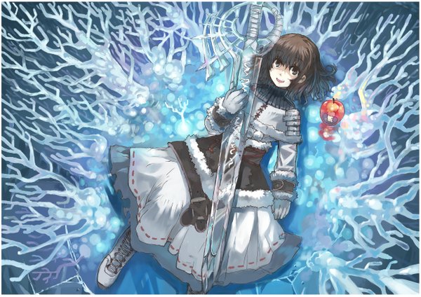 Anime picture 2480x1753 with imoman (artist) single highres short hair open mouth brown hair girl gloves sword apple candle (candles) winter clothes ice