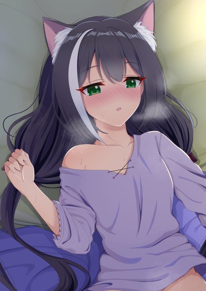 Anime picture 990x1400 with princess connect! re:dive princess connect! karyl (princess connect!) syurimp single tall image blush fringe light erotic black hair hair between eyes twintails green eyes animal ears payot upper body indoors lying multicolored hair from above