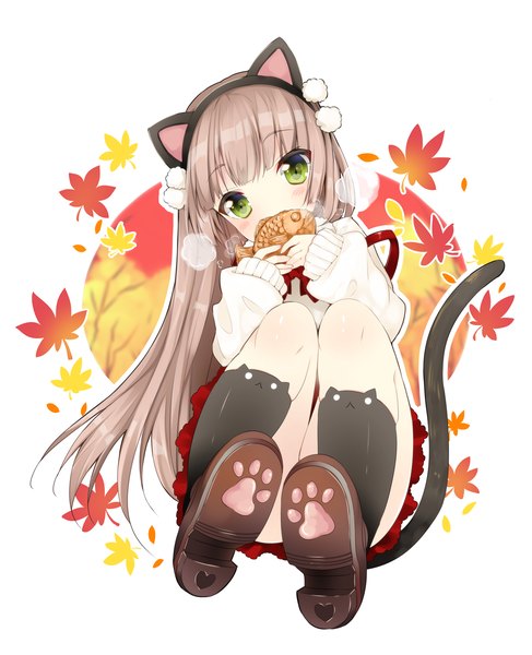 Anime picture 1218x1500 with original usagihime single long hair tall image looking at viewer blush fringe brown hair sitting green eyes animal ears bent knee (knees) tail animal tail cat ears cat tail exhalation footprints girl