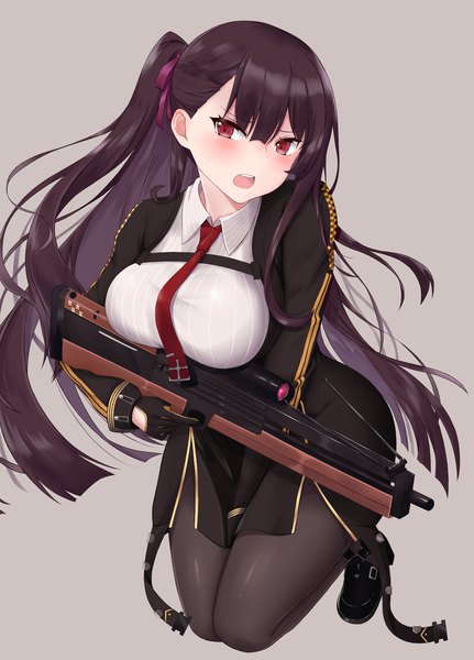 Anime picture 1240x1724 with girls frontline wa2000 (girls frontline) mentai mayo single long hair tall image looking at viewer blush fringe breasts open mouth simple background hair between eyes red eyes large breasts holding purple hair head tilt embarrassed one side up