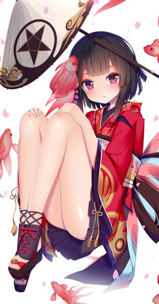 Anime picture 3031x5787 with onmyoji kagura (onmyoji) jyt single tall image looking at viewer highres short hair light erotic black hair simple background white background absurdres full body bent knee (knees) traditional clothes head tilt japanese clothes pink eyes wide sleeves