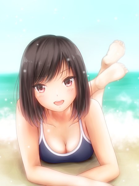 Anime picture 600x800 with original sakinate single tall image looking at viewer blush fringe short hair breasts open mouth light erotic smile red eyes brown hair bare shoulders sky cleavage outdoors lying head tilt