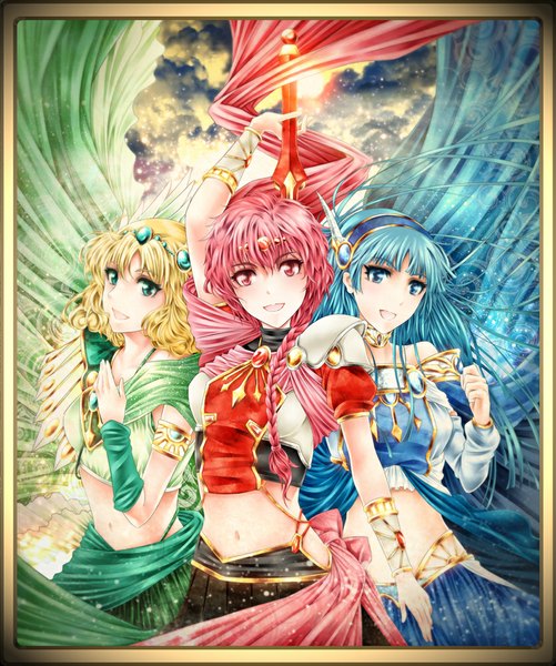 Anime picture 835x1000 with magic knight rayearth clamp ryuuzaki umi shidou hikaru hououji fuu arkatopia long hair tall image looking at viewer fringe breasts blue eyes blonde hair bare shoulders multiple girls holding green eyes blue hair pink hair sky