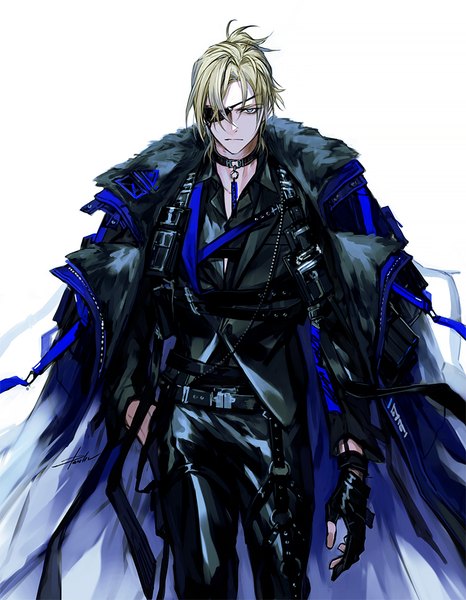 Anime picture 800x1030 with fire emblem fire emblem: three houses nintendo dimitri alexandre blaiddyd danhu single tall image looking at viewer short hair blue eyes simple background blonde hair standing white background signed alternate costume clothes on shoulders serious boy gloves