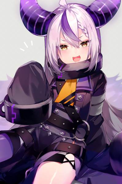 Anime picture 1678x2534 with virtual youtuber hololive la+ darknesss la+ darknesss (1st costume) koujira single long hair tall image looking at viewer fringe hair between eyes sitting yellow eyes silver hair ahoge long sleeves multicolored hair horn (horns) arm support streaked hair