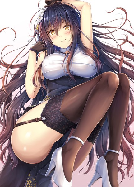 Anime picture 1550x2156 with azur lane azuma (azur lane) azuma (soft voice of spring) (azur lane) akashio (loli ace) single long hair tall image looking at viewer blush fringe breasts light erotic black hair simple background smile hair between eyes yellow eyes bent knee (knees) lying traditional clothes