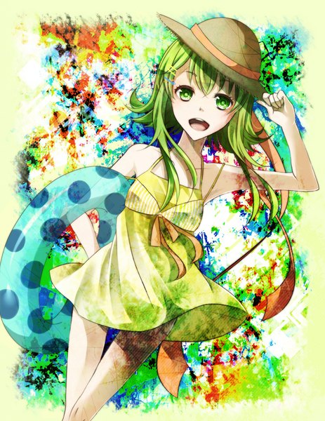 Anime picture 1500x1944 with vocaloid gumi nou single tall image short hair open mouth green eyes green hair girl hat sundress swim ring