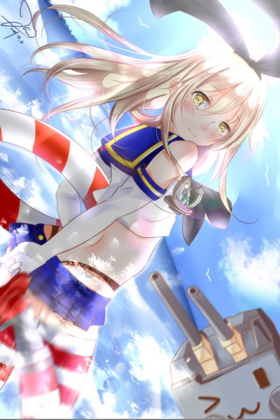 Anime picture 2000x3000 with kantai collection shimakaze destroyer rensouhou-chan tatsu (pixiv 7245571) long hair tall image looking at viewer blush highres light erotic blonde hair smile holding signed yellow eyes sky cloud (clouds) pleated skirt looking back bare belly