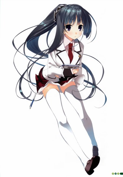 Anime picture 2434x3500 with kagome (traumatize) single long hair tall image looking at viewer blush highres blue eyes black hair simple background white background full body ponytail scan girl thighhighs skirt uniform school uniform white thighhighs