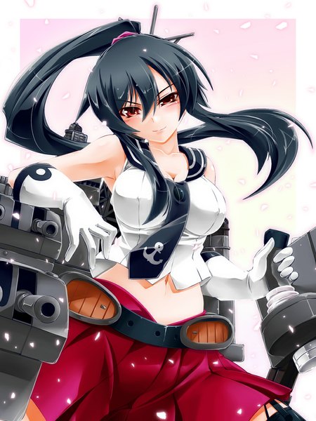 Anime picture 750x1000 with kantai collection yahagi light cruiser hisame genta (artist) single long hair tall image looking at viewer blush black hair red eyes ponytail girl gloves weapon petals necktie sailor suit