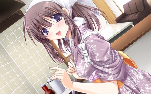 イラスト 1024x640 と hatsukoi yohou (game) 赤面 短い髪 開いた口 黒髪 wide image 紫目 game cg 女の子