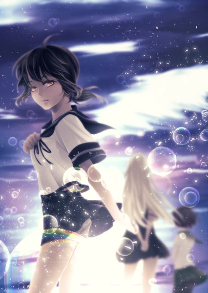 Anime picture 1013x1427 with kantai collection yuudachi destroyer fubuki destroyer mutsuki destroyer mittsuan (artist) long hair tall image looking at viewer short hair light erotic black hair blonde hair brown hair standing multiple girls yellow eyes sky cloud (clouds) pleated skirt wind
