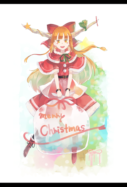Anime picture 1522x2240 with touhou ibuki suika crazyoton46 long hair tall image looking at viewer fringe open mouth smile holding full body horn (horns) orange hair wide sleeves orange eyes fur trim christmas letterboxed merry christmas blush stickers