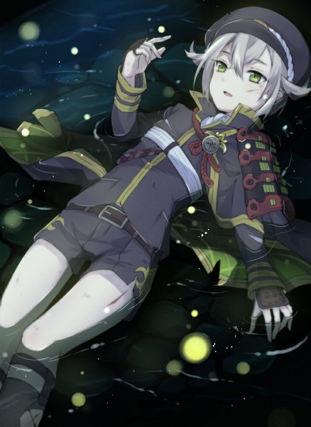 Anime picture 730x1000 with touken ranbu nitroplus hotarumaru atea single tall image short hair green eyes looking away silver hair parted lips night partially submerged afloat ophelia's pose boy water shorts armor insect