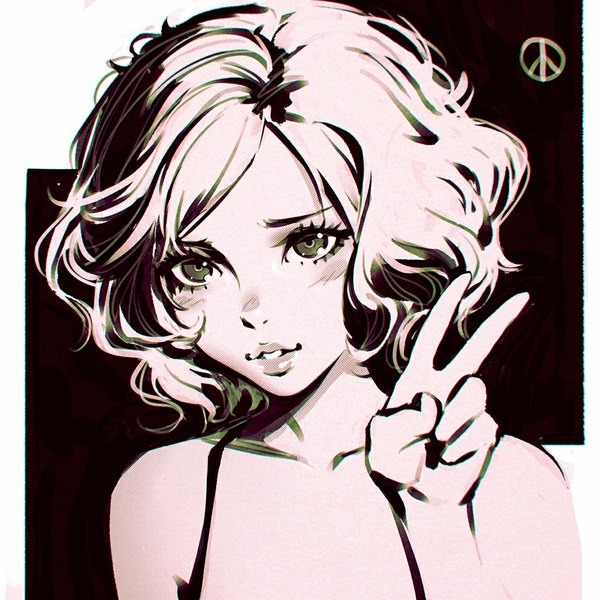 Anime picture 1080x1080 with ilya kuvshinov single looking at viewer blush fringe short hair green eyes parted lips head tilt lips monochrome victory peace symbol girl